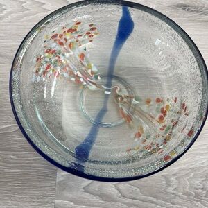 Artist signed hand blown Footed Glass Bowl with Blue and Multicolor Design